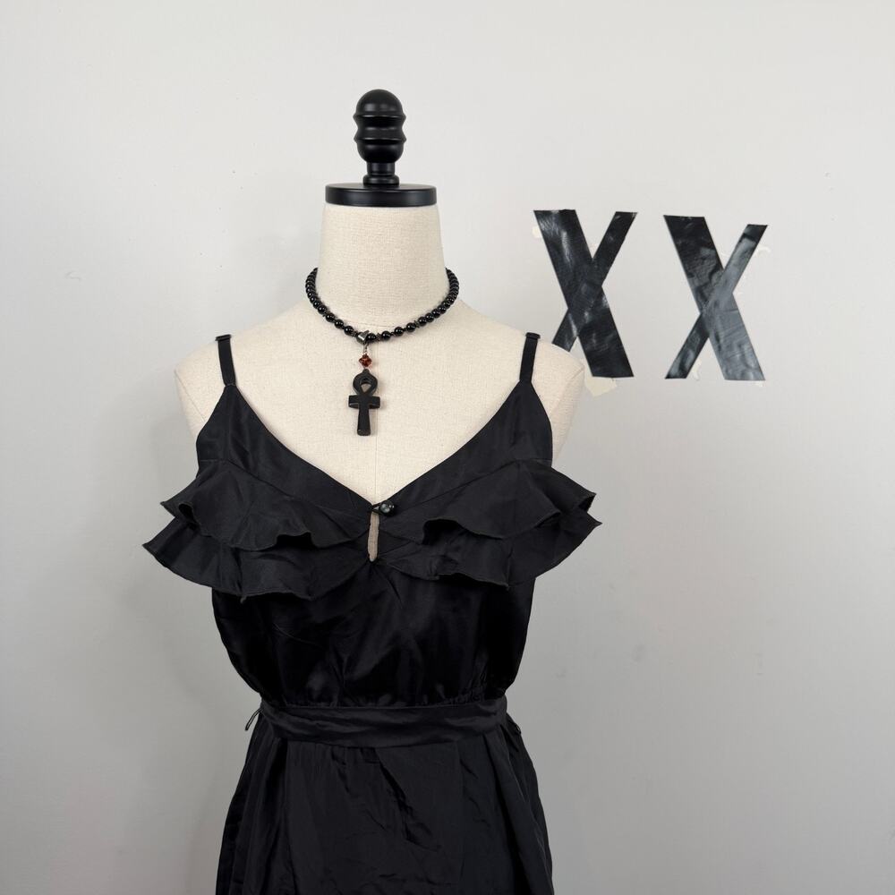 Vintage Y2K Black Silk Ruffle V-Neck Tie-Waist Romantic Tiered Midi Slip Dress 4 - Picture 2 of 8